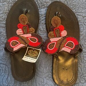 Acacia Swimwear Black and Pink Beaded Sandals